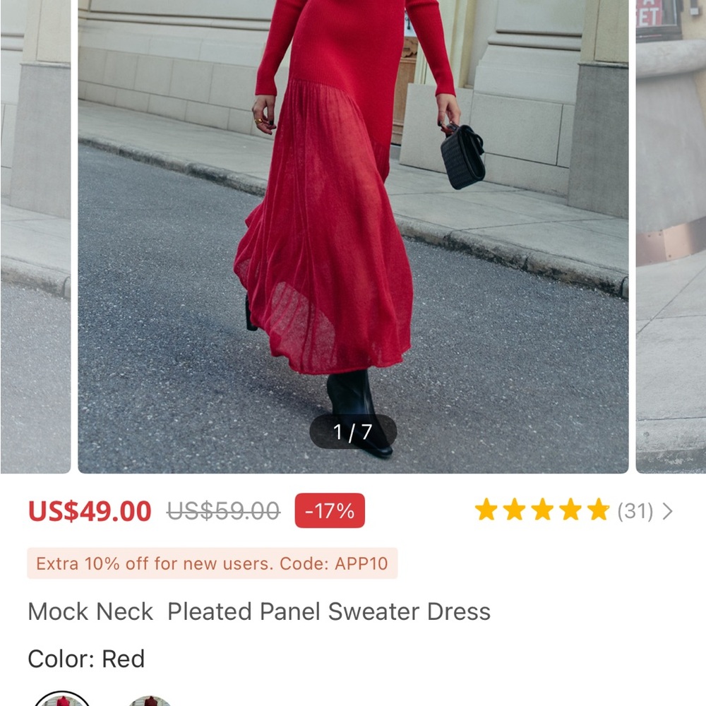 Red Mock Neck Pleated Panel Maxi Dress